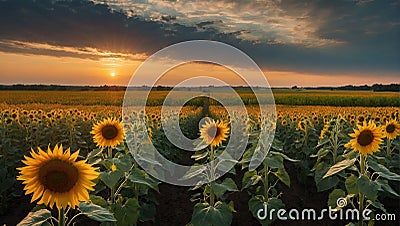 sunflower field when the sun down Stock Photo