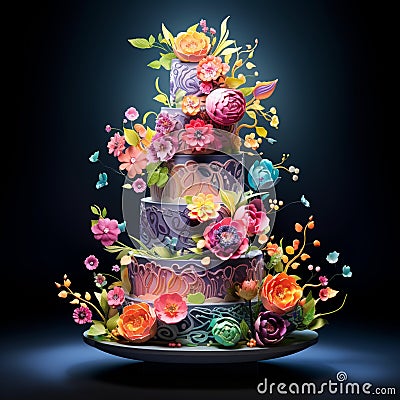 Garden of Delights: A Vibrant Multi-tiered Wedding Cake Stock Photo