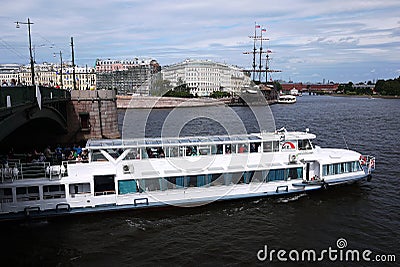 The ship sails on the city river. Editorial Stock Photo