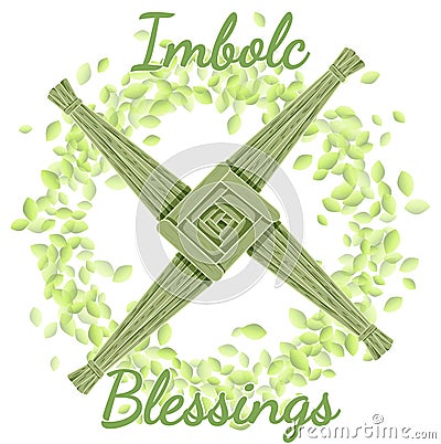 Imbolc Blessings. Beginning of spring pagan holiday. Brigids Cross in a wreath of green leaves Vector Illustration