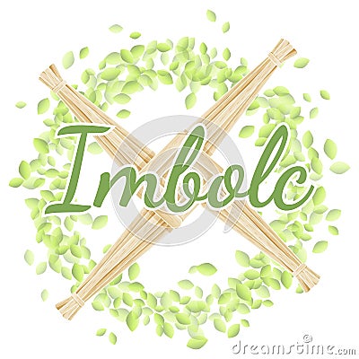 Imbolc Blessings. Beginning of spring pagan holiday. Brigid Cross in a wreath of green leaves Vector Illustration