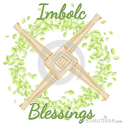 Imbolc Blessings. Beginning of spring pagan holiday. Brigid`s Cross in a wreath of green leaves Vector Illustration