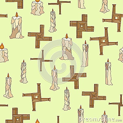 Imbolc seamless with candles and brigid cross Stock Photo