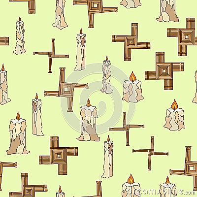 Imbolc seamless with candles and brigid cross Stock Photo