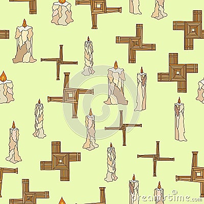 Imbolc seamless with candles and brigid cross Stock Photo