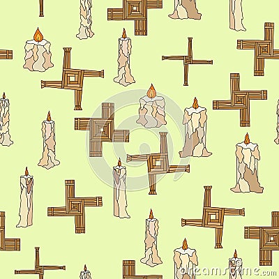 Imbolc seamless with candles and brigid cross Stock Photo