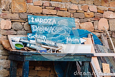 Imbros Island, Ecological Market Signboards Editorial Stock Photo