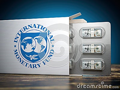IMF International Monetary Fund tranches concept. Pack of dollars as pills in blister pack Cartoon Illustration