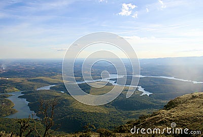 Panoramic aerial landscape view of mountains, rivers and blue sky Stock Photo