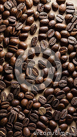 Img Close up photo of numerous coffee beans on textured beige surface Stock Photo