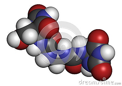 Imidazolidinyl urea antimicrobial preservative molecule formaldehyde releaser. 3D rendering. Atoms are represented as spheres. Stock Photo