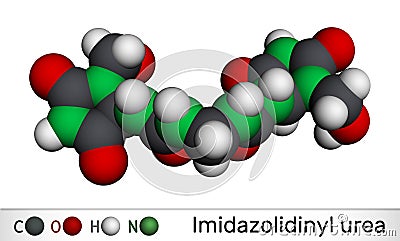 Imidazolidinyl urea, imidurea molecule. It is antimicrobial preservative used in cosmetics, formaldehyde releaser. Molecular model Stock Photo