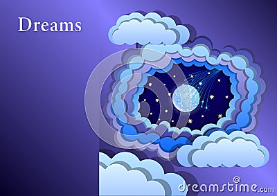 imitating paper art and craft style; starry sky appears through layers of of stylized clouds, shooting star Vector Illustration