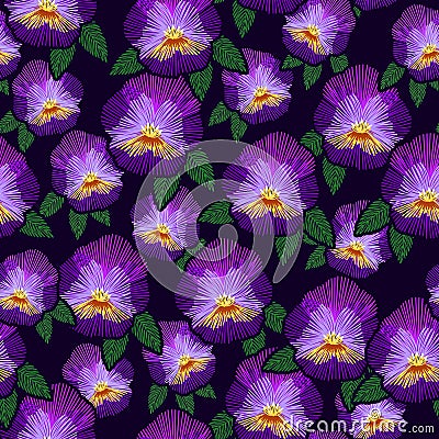 Imitation embroidery viola flower tropical seamless pattern, hand drawing colorful flowers on dark purple background, editable Vector Illustration