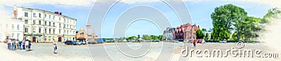 Imitation of the picture. Market Square in Vyborg. Panorama Stock Photo