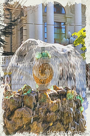 Imitation of a picture. Oil paint. Illustration. Fountain in the city of Sevastopol Stock Photo
