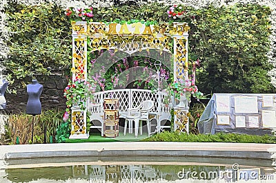 Imitation of a picture. Oil paint. Illustration. Park of city Yalta. Arbour Stock Photo