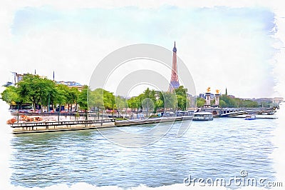 Imitation of a picture. Oil paint. Paris. Evening Stock Photo