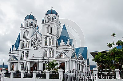 Immaculate Conception Cathedral surrounded by plants under a cloudy sky in Apia, Samoa Stock Photo