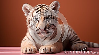 Immaculate Perfectionism: A Tiger Cub On A Pink Background Stock Photo