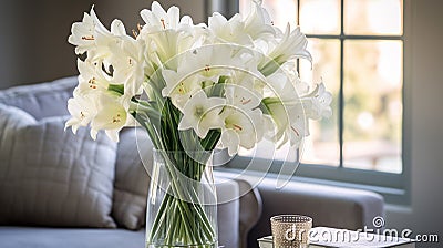 Immaculate Perfectionism: White Flowers In A Glass Vase On A Couch Stock Photo
