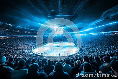 Immaculate professional hockey rink shining in bright white and intense blue spotlights Stock Photo
