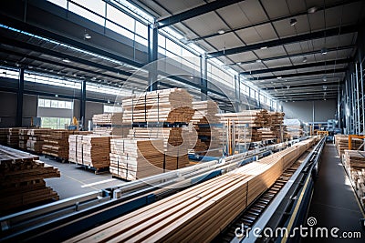 Immaculately organized warehouse with tidy and neatly stacked wooden beams Stock Photo