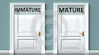 Immature and mature as a choice - pictured as words Immature, mature on doors to show that Immature and mature are opposite Cartoon Illustration