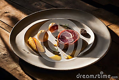 Still life of culinary artistry on weathered wooden table Stock Photo