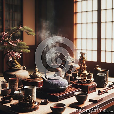 Nostalgic Japanese Tea ceremony performed in traditional room Stock Photo