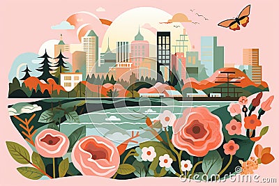 Eclectic Charm of Portland: Nature Meets Craftsmanship Cartoon Illustration