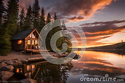 Tranquil lakeside cabin at sunset Stock Photo