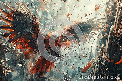 Immerse the viewer in a dynamic clash of Birdseye view Cryptocurrency Markets meets Fantasy Worlds using unexpected camera ang Stock Photo