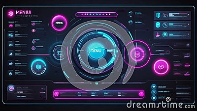futuristic interface: neon menus, VR immersion, dynamic data vectors. Stock Photo