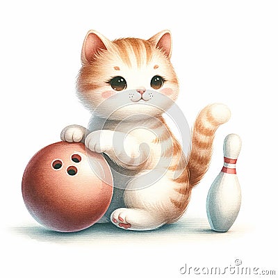 Watercolor Clip art Cat Bowling, isolated on white background Stock Photo