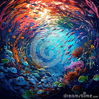 Underwater scene with swirling schools of sardines and vibrant coral reefs Stock Photo