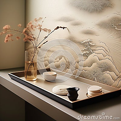 Exquisite Paper Tray with Asian Calligraphy and Motifs Stock Photo