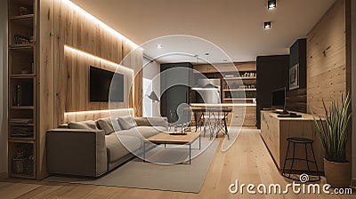 3d rendering of a modern kitchen in a loft with wooden walls Stock Photo