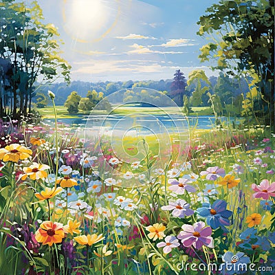 Breathtaking Sunlit Meadow with Radiant Florals Stock Photo
