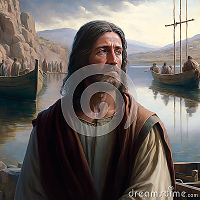 Jesus by the Sea of Galilee. AI Generative. Stock Photo