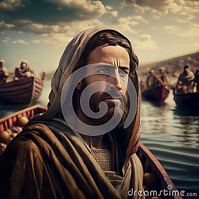 Jesus by the Sea of Galilee. AI Generative. Stock Photo