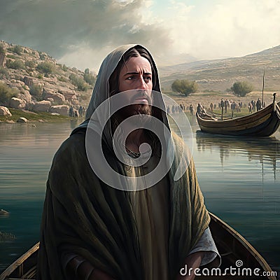 Jesus by the Sea of Galilee. AI Generative. Stock Photo