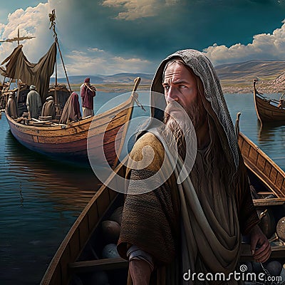 Jesus by the Sea of Galilee. AI Generative. Stock Photo