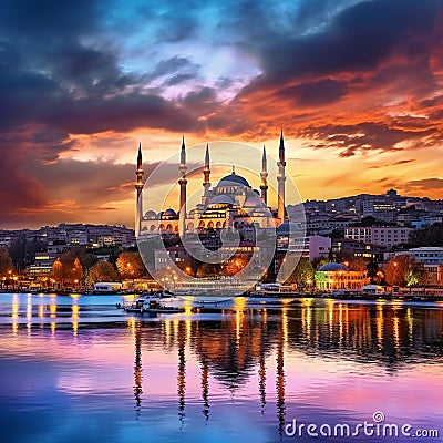 Panoramic sunset view of Istanbul's skyline with the Blue Mosque and Hagia Sophia Stock Photo