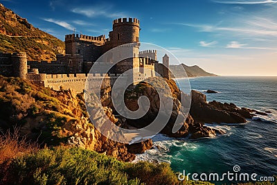 Coastal Majesty: Medieval Castle Overlooking Turquoise Sea Stock Photo