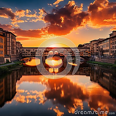 Stunning sunset over Ponte Vecchio in Florence Stock Photo