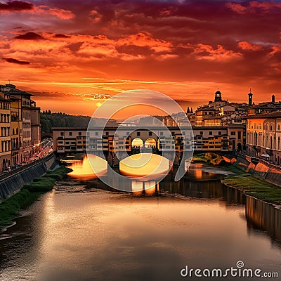 Stunning sunset over Ponte Vecchio in Florence Stock Photo