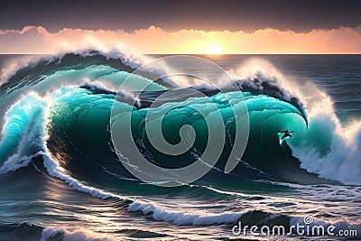 The Magnificent Sunset Panorama with Rising Surf Waves. AI generated Stock Photo