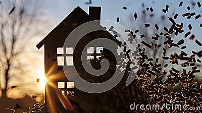 Harmony Unveiled: Double Exposure Elegance with Silhouetted Home and Wood Pellets Stock Photo