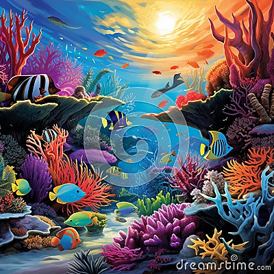 Vibrant and Colorful Coral Reef: Coastal Treasures Cartoon Illustration
